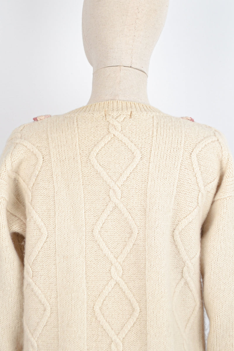 A DATE WITH SPRING - 1980s Vintage Wool Embroidered Jumper - Size S/M