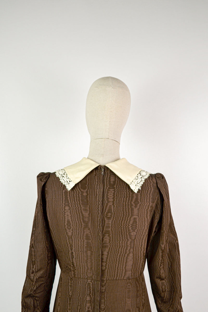 ALDER - 1970s Vintage Quad Moiré Brown Prairie Dress - Size M