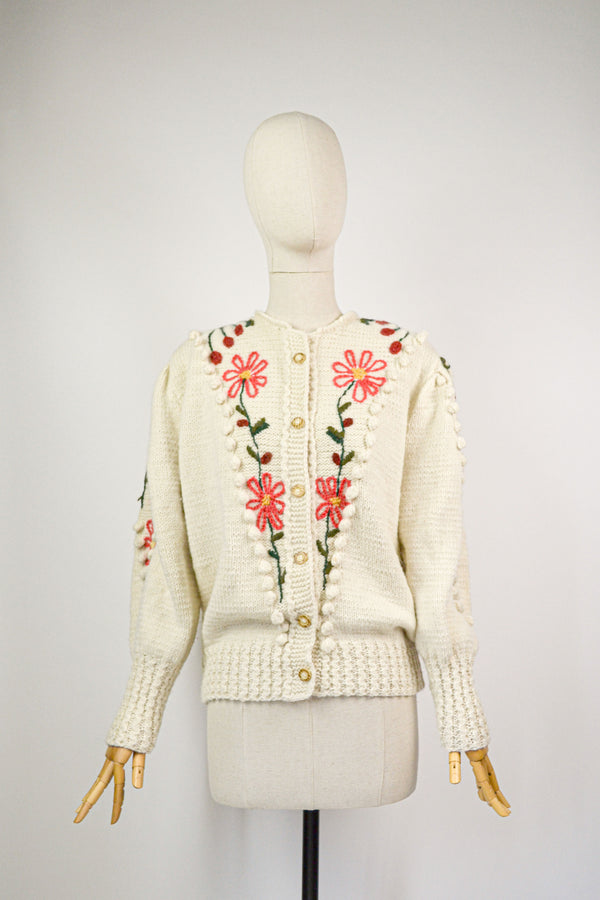 ALMOND - 1980s Vintage Floral Embroidery Austrian Cardigan - Size M/L
