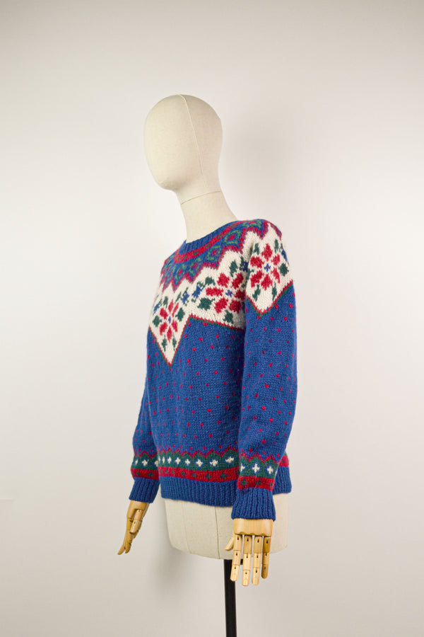 AMARYLLIS  - 1990s Vintage Eddie Bauer Fairisle Knitted Royal Blue Jumper - Size M/L