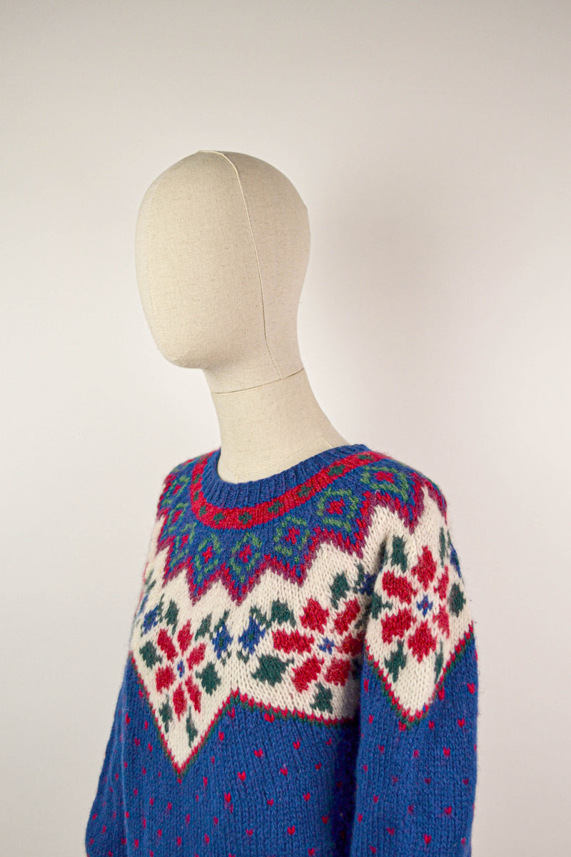 AMARYLLIS  - 1990s Vintage Eddie Bauer Fairisle Knitted Royal Blue Jumper - Size S/M