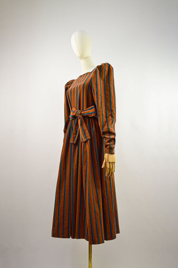 AMBER - 1980s Laura Ashley Rust Stripes Corduroy Prairie Dress - Size M