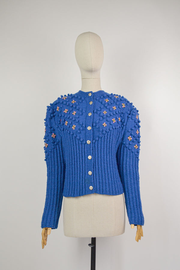 ANEMONE - -1980s Vintage Blue Popcorn Knit Austrian Cardigan - Size M/L