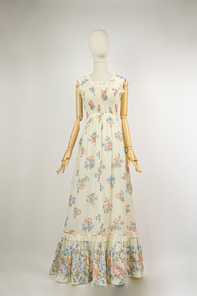 APRICOT BEAUTY - 1970s VintageCandi Jones Foral Summer Dress - Size S