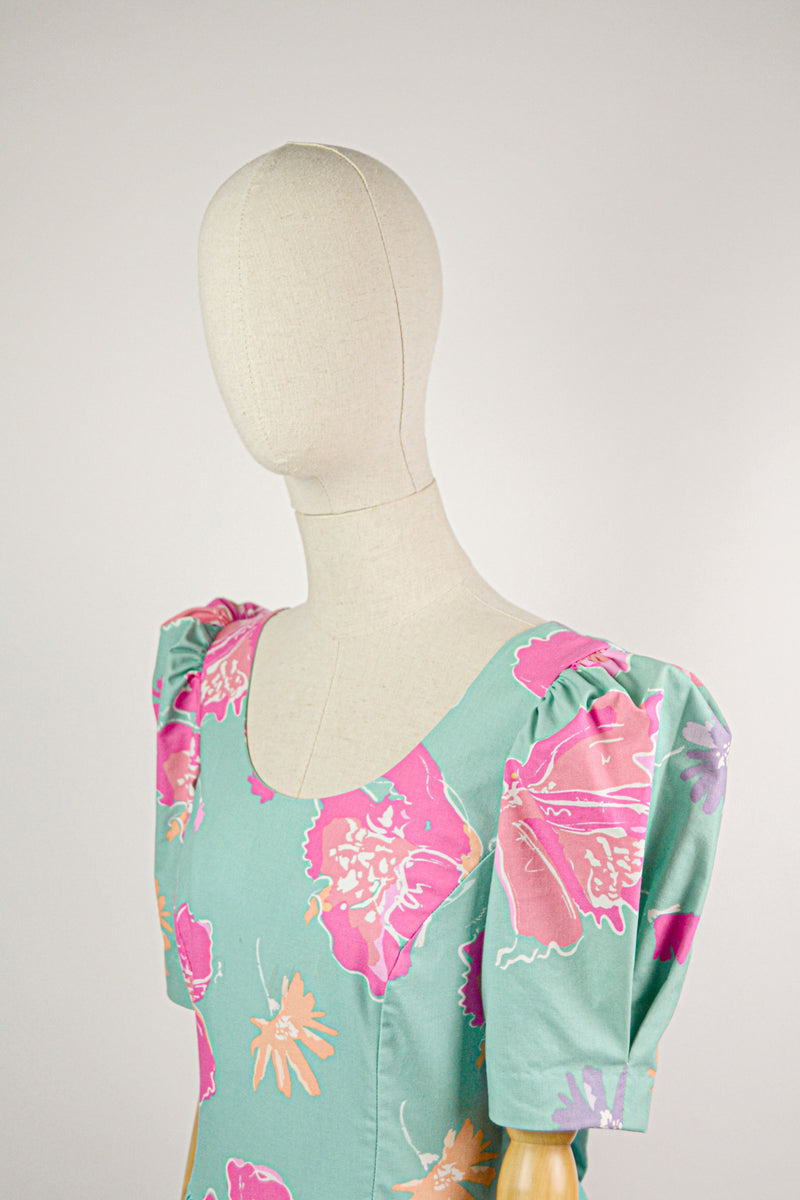 AQUAMARINE - 1980s Vintage Laura Ashley Backless Aqua Floral Dress - Size M
