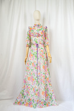 THE RAINBOW GARDEN - 1970s Vintage Vibrant Floral Prairie Dress - Size M