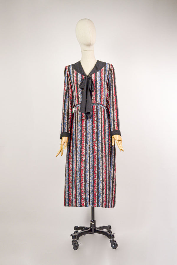 ARIANA - 1970s Vintage Cacharel Silk Stripe Flower Dress - Size S/M