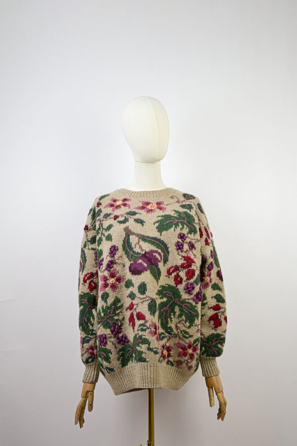 MERLOT - 1980s Vintage Laura Ashley hand-knitted embroidered fruits and floral jumper - Size M/L