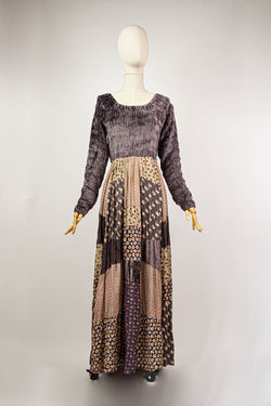 AUTUMN - 1980s early 1990s Vintage Brown Patchwork Dress by René Derhy - Size M