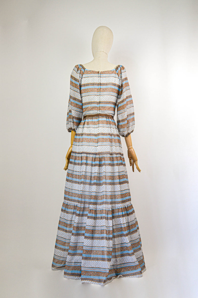 AZURE BLOOMS - 1970s Vintage Rare Kati by Laura Phillips Floral Maxi Prairie Dress - Size M