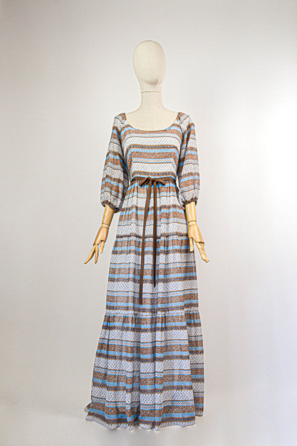 AZURE BLOOMS - 1970s Vintage Rare Kati by Laura Phillips Floral Maxi Prairie Dress - Size M
