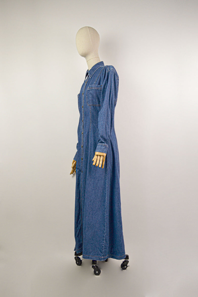 AZURE NOCTURNE - 1990s Vintage Laura Ashley Denim Dress - Size S/M