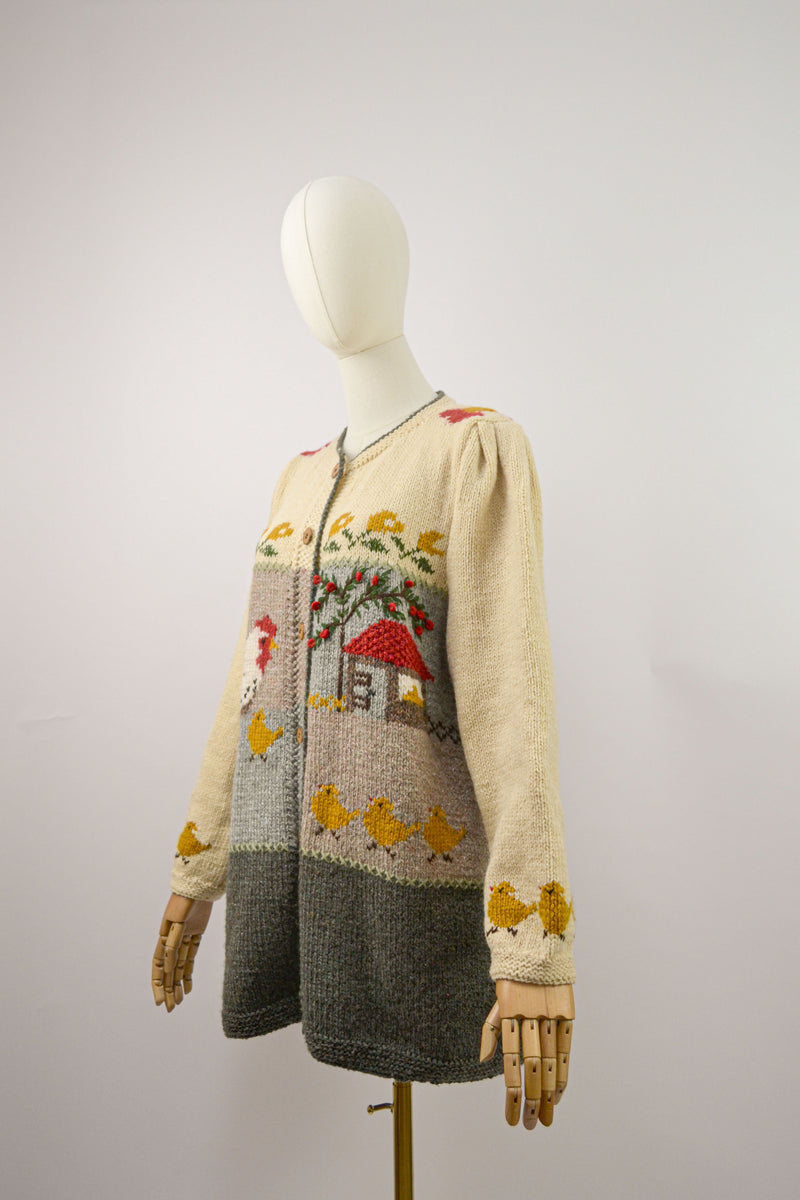 BARNYARD - 1980s Vintage Austrian Cardigan With A Farm Scenery - Size M/L