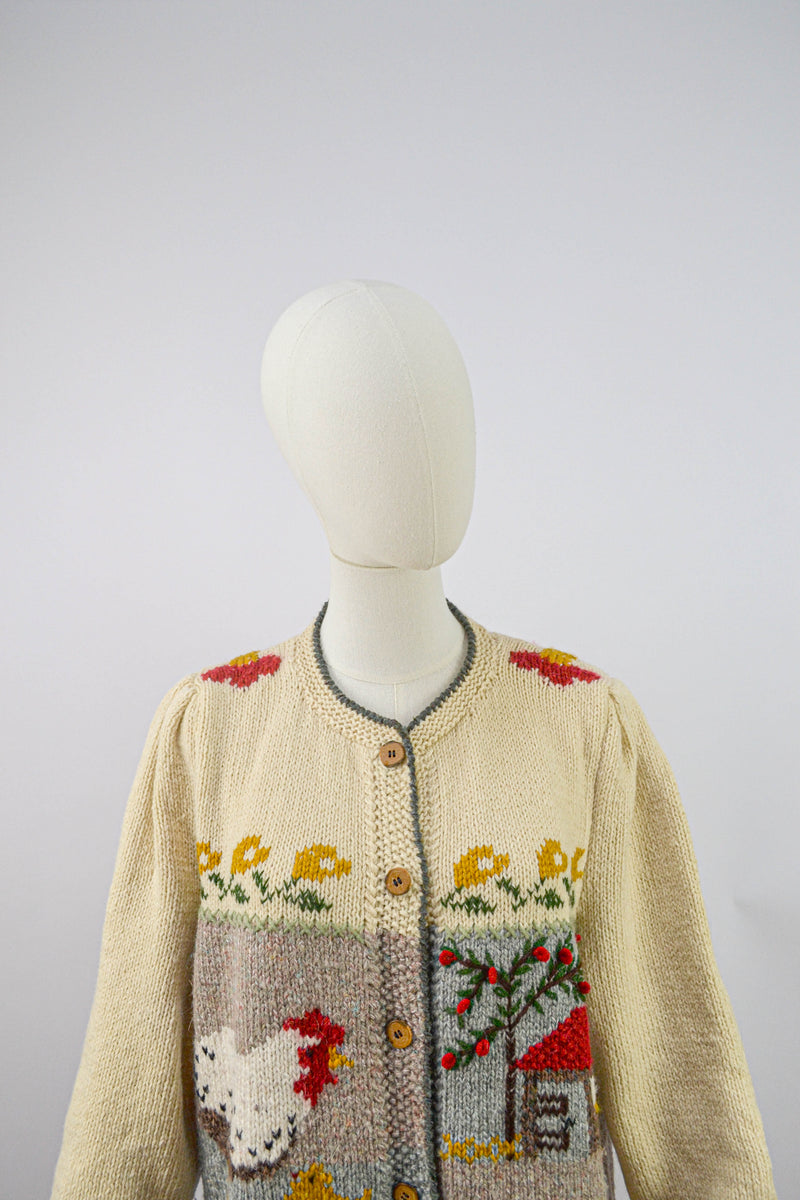 BARNYARD - 1980s Vintage Austrian Cardigan With A Farm Scenery - Size M/L