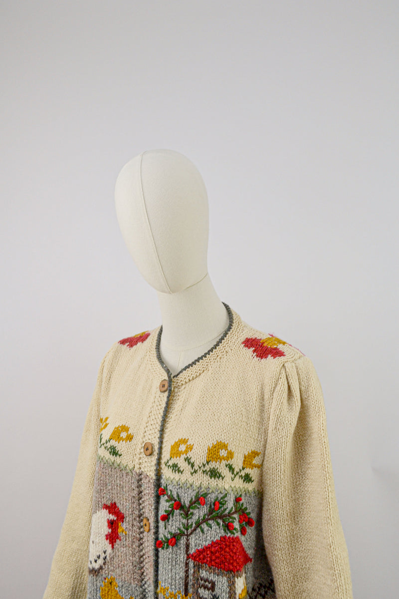 BARNYARD - 1980s Vintage Austrian Cardigan With A Farm Scenery - Size M/L