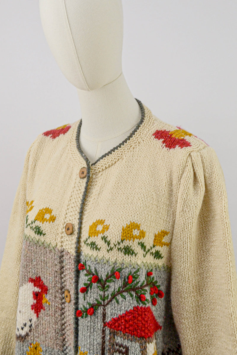 BARNYARD - 1980s Vintage Austrian Cardigan With A Farm Scenery - Size M/L