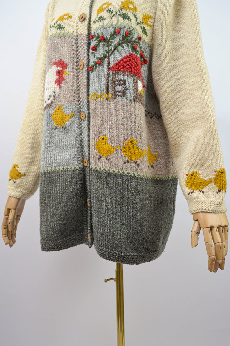 BARNYARD - 1980s Vintage Austrian Cardigan With A Farm Scenery - Size M/L