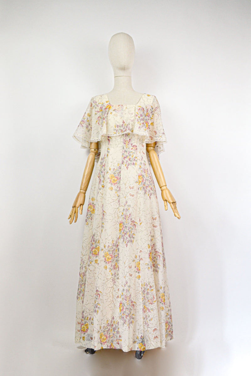 DANCING BIRDS - 1970s Vintage Look Twice Floral Prairie Maxi Dress - Size M