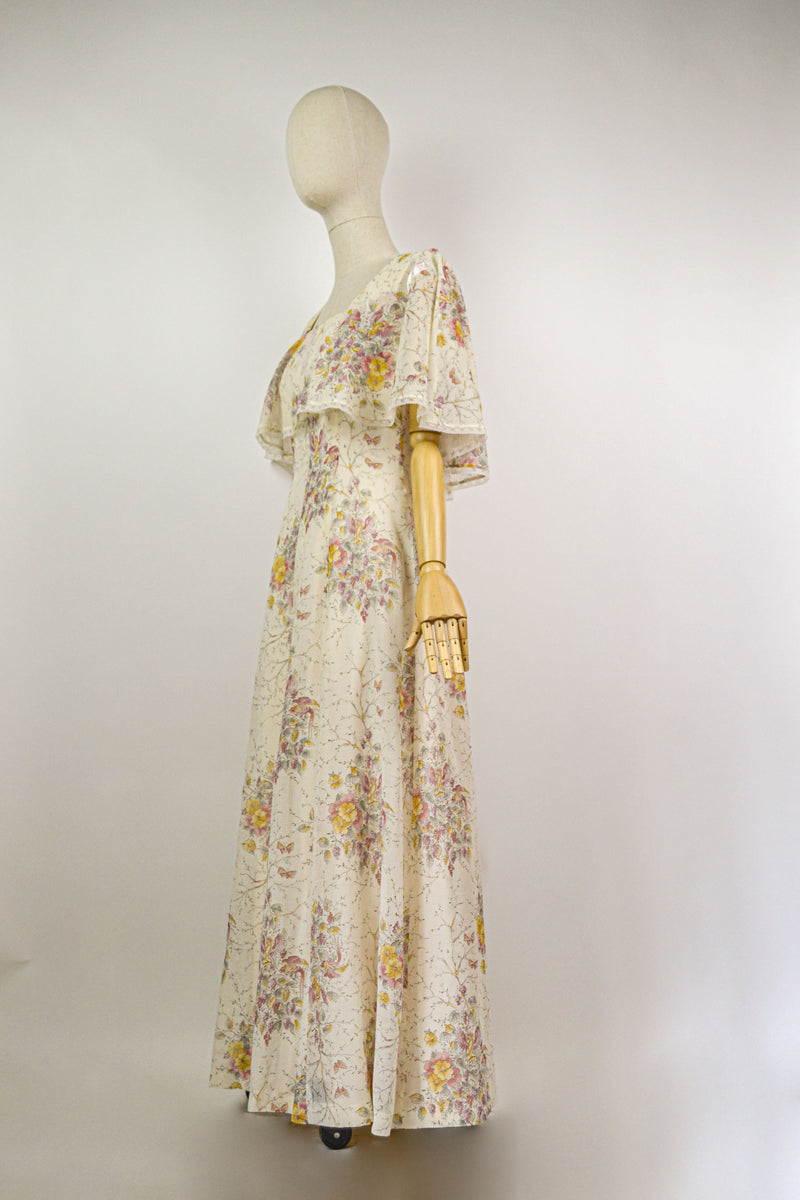 DANCING BIRDS - 1970s Vintage Look Twice Floral Prairie Maxi Dress - Size M