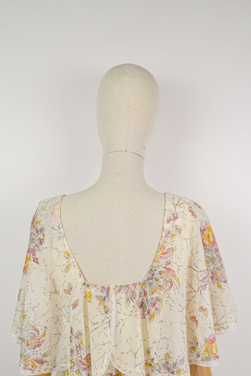 DANCING BIRDS - 1970s Vintage Look Twice Floral Prairie Maxi Dress - Size M