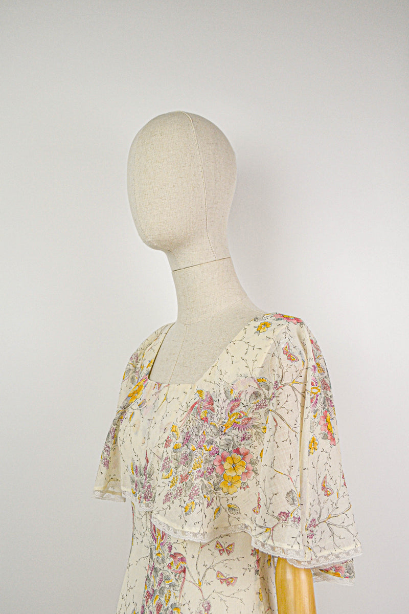 DANCING BIRDS - 1970s Vintage Look Twice Floral Prairie Maxi Dress - Size M