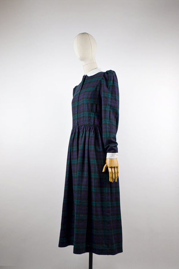 BLACKWATCH - 1980s Vintage Laura Ashley Check Prairie Dress - Size S/M