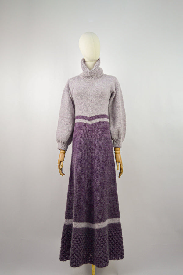 BLUSHING LILAC - 1980s Vintage Mohair Hand-knitted Maxi Dress - Size S/M