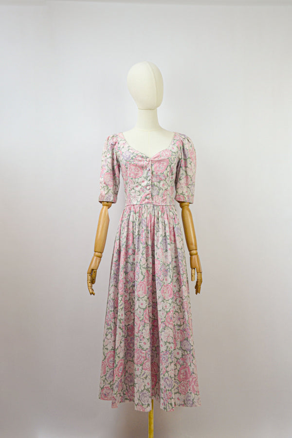 BLUSHING ROSE - 1980s Vintage Laura Ashley Floral Dress - Size XS/S