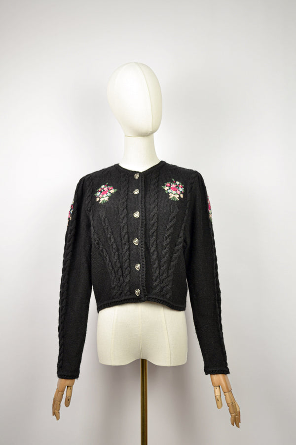 BOUQUET - 1980s Vintage Floral Embroidered Austrian Cardigan - Size S/M