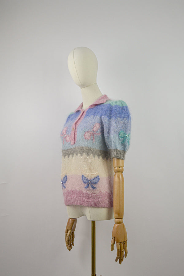 BUBBLE GUM - 1980s Vintage hand knitted Pastel Mohair Top- Size S/M