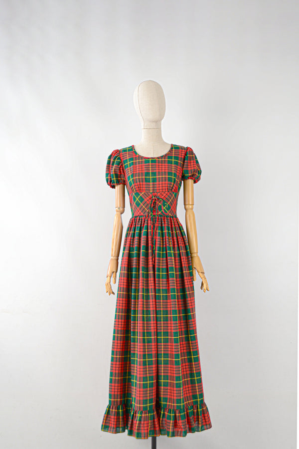 CANDLELIGHT - 1970s Vintage Red Tartan Maxi Dress - Size S