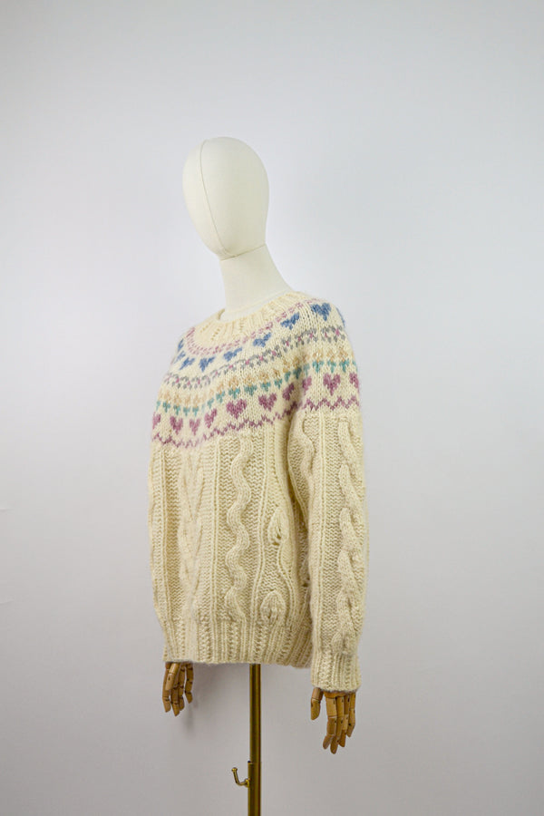 CANDY HEARTS - Vintage 1980S Heart Cream Wool Cable-knit Jumper - Size M/L