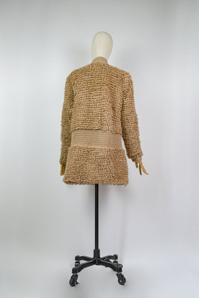 CARAMEL - 1970s Vintage Caramel Knitted Coatigan/ Cardigan - Size S/M