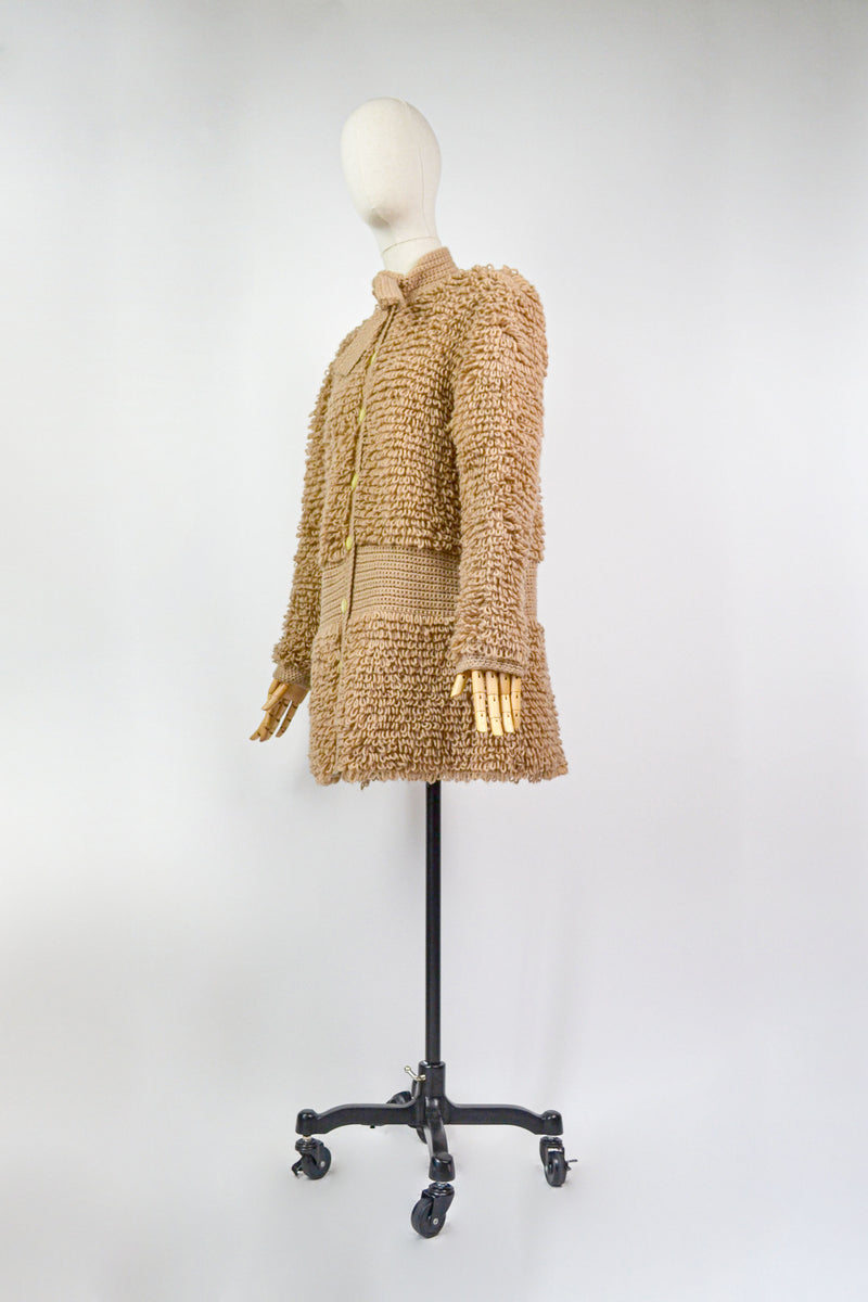 CARAMEL - 1970s Vintage Caramel Knitted Coatigan/ Cardigan - Size S/M