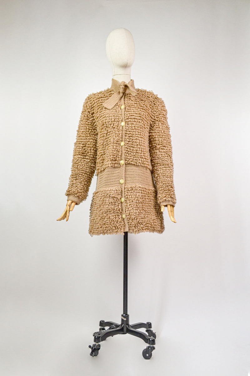 CARAMEL - 1970s Vintage Caramel Knitted Coatigan/ Cardigan - Size S/M