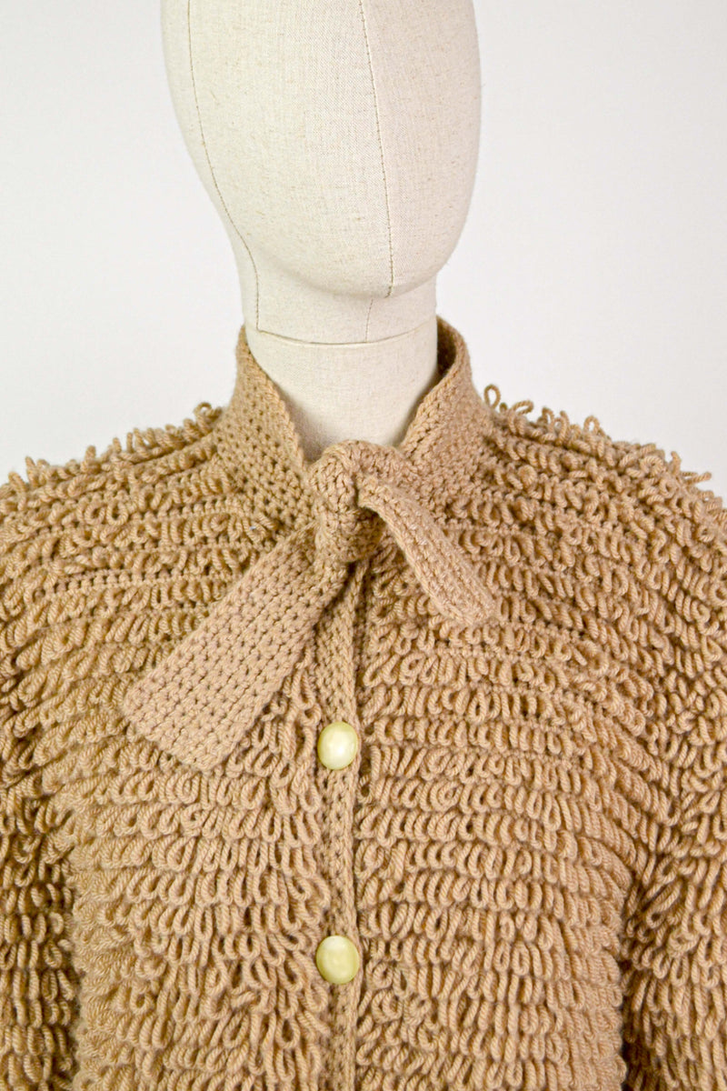 CARAMEL - 1970s Vintage Caramel Knitted Coatigan/ Cardigan - Size S/M