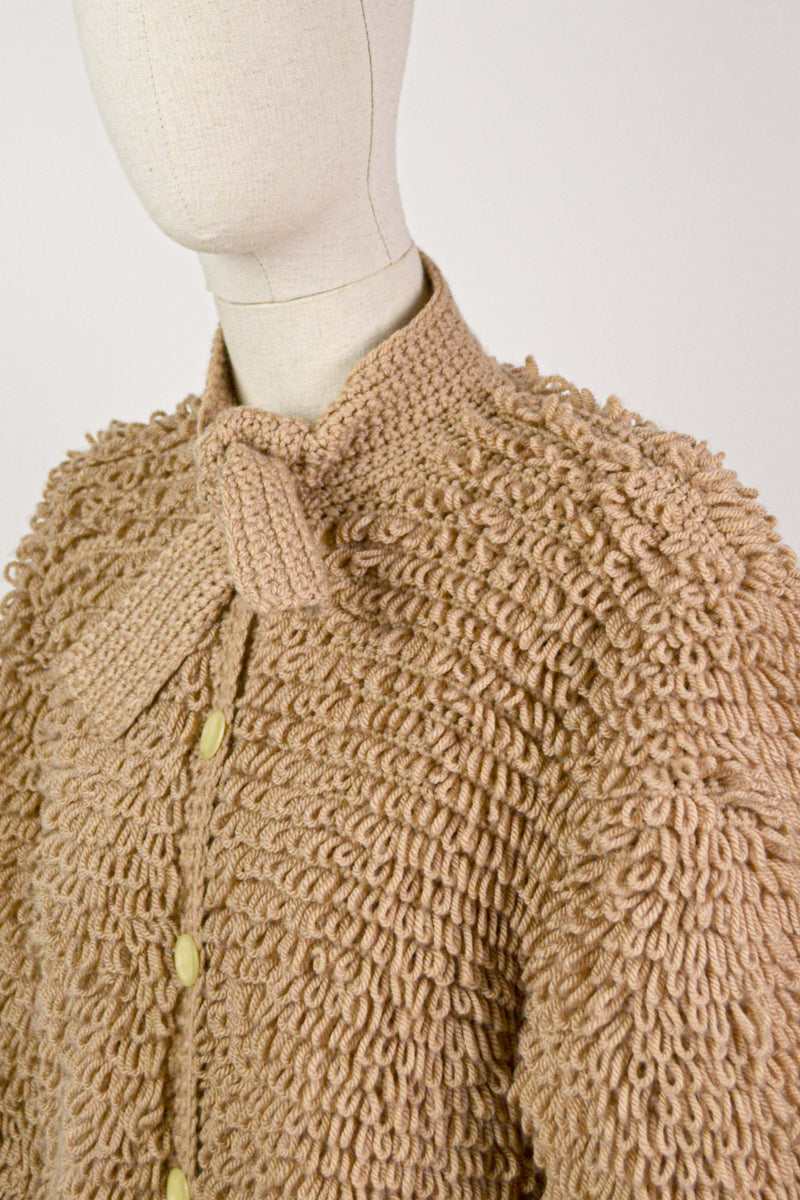 CARAMEL - 1970s Vintage Caramel Knitted Coatigan/ Cardigan - Size S/M