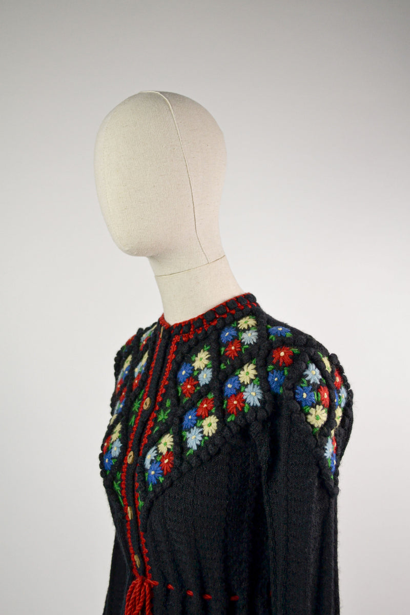 CELESTINE - 1970s Vintage Black and Floral Embroidered Austrian Cardigan - Size S