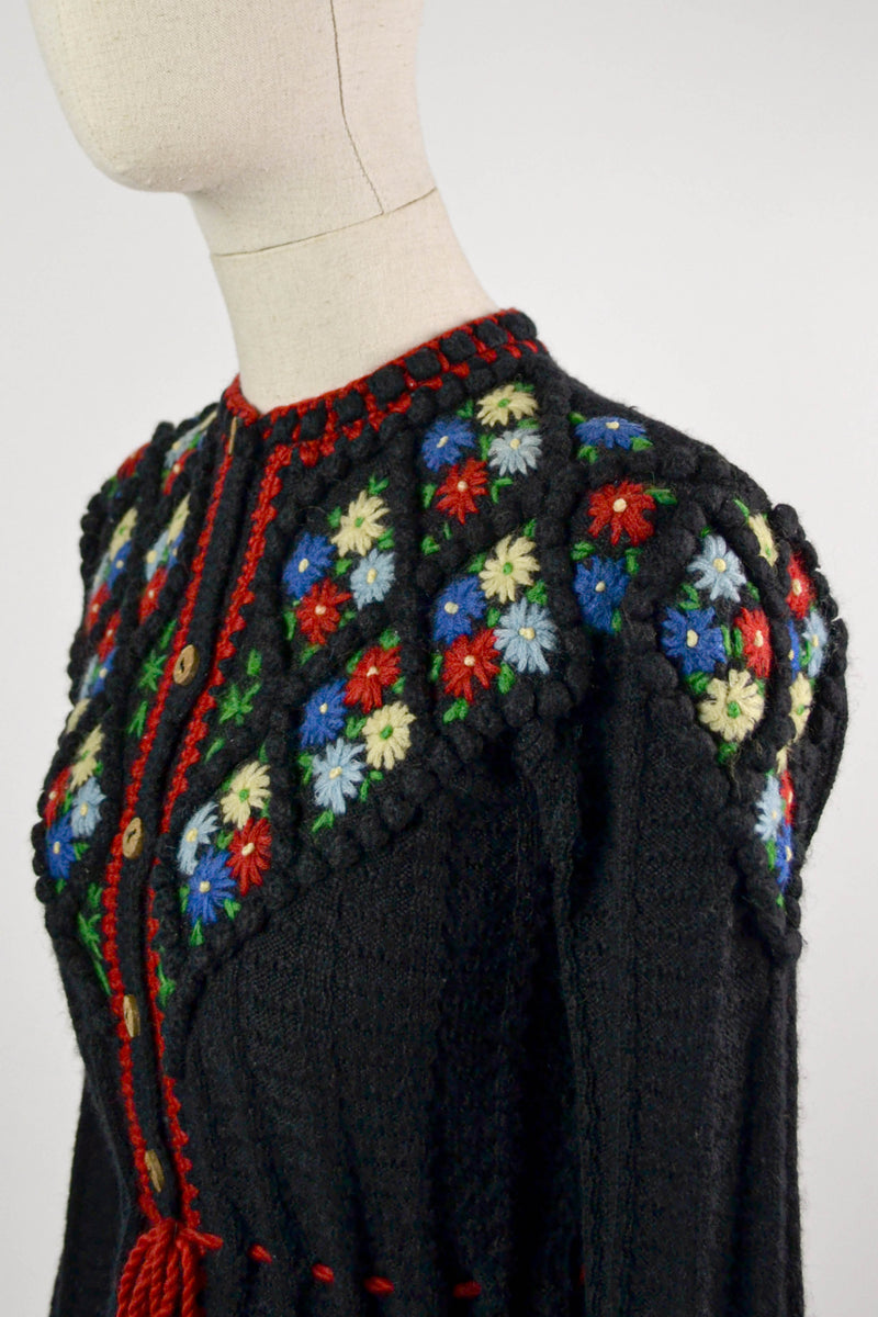 CELESTINE - 1970s Vintage Black and Floral Embroidered Austrian Cardigan - Size S