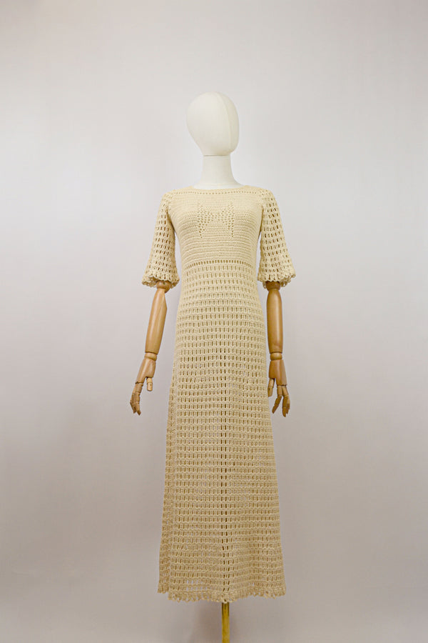 CHAMPAGNE - 1970s Vintage Crochet Dress - Size S/M