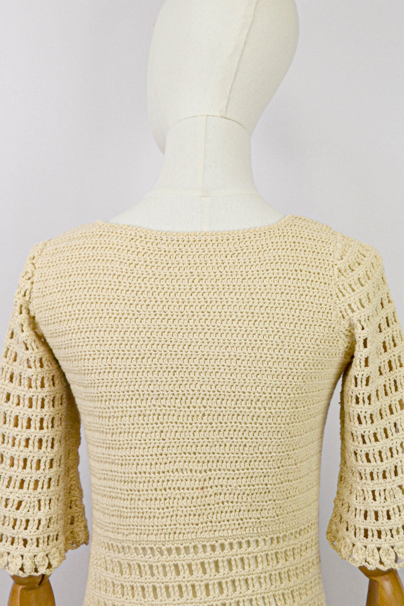 CHAMPAGNE - 1970s Vintage Crochet Dress - Size S/M