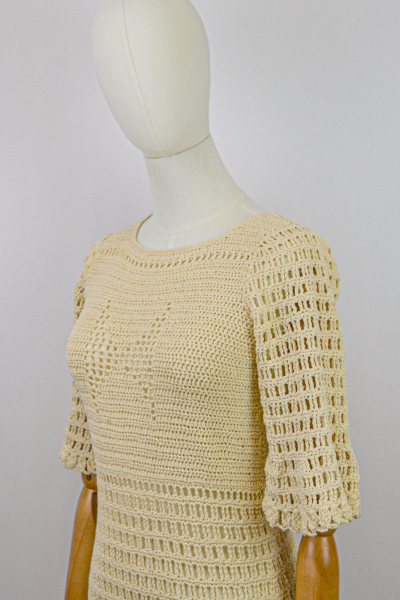 CHAMPAGNE - 1970s Vintage Crochet Dress - Size S/M
