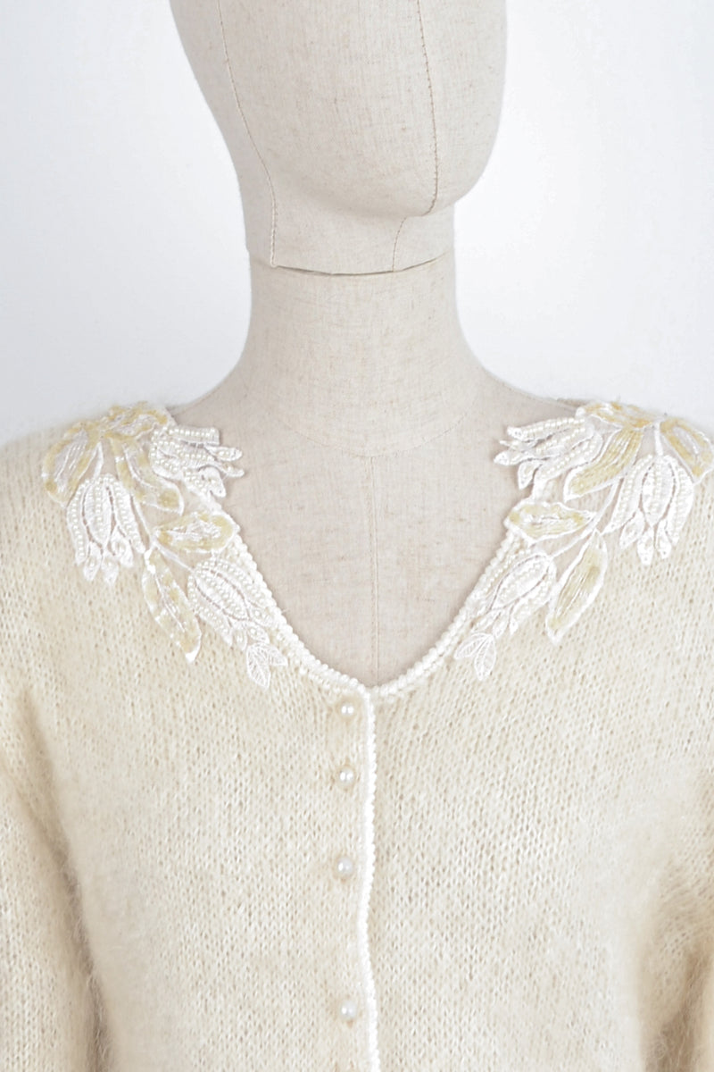 CHANTILLY - 1980s Vintage Mohair Ivory Cardigan - Size S/M