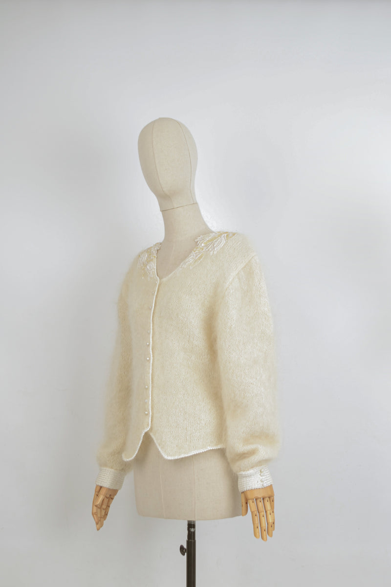 CHANTILLY - 1980s Vintage Mohair Ivory Cardigan - Size S/M