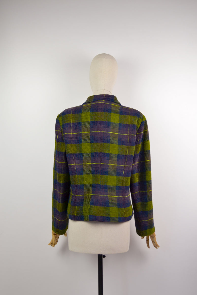CHARTREUSE - 1990s Vintage Laura Ashley Check Single Breasted Jacket - Size M