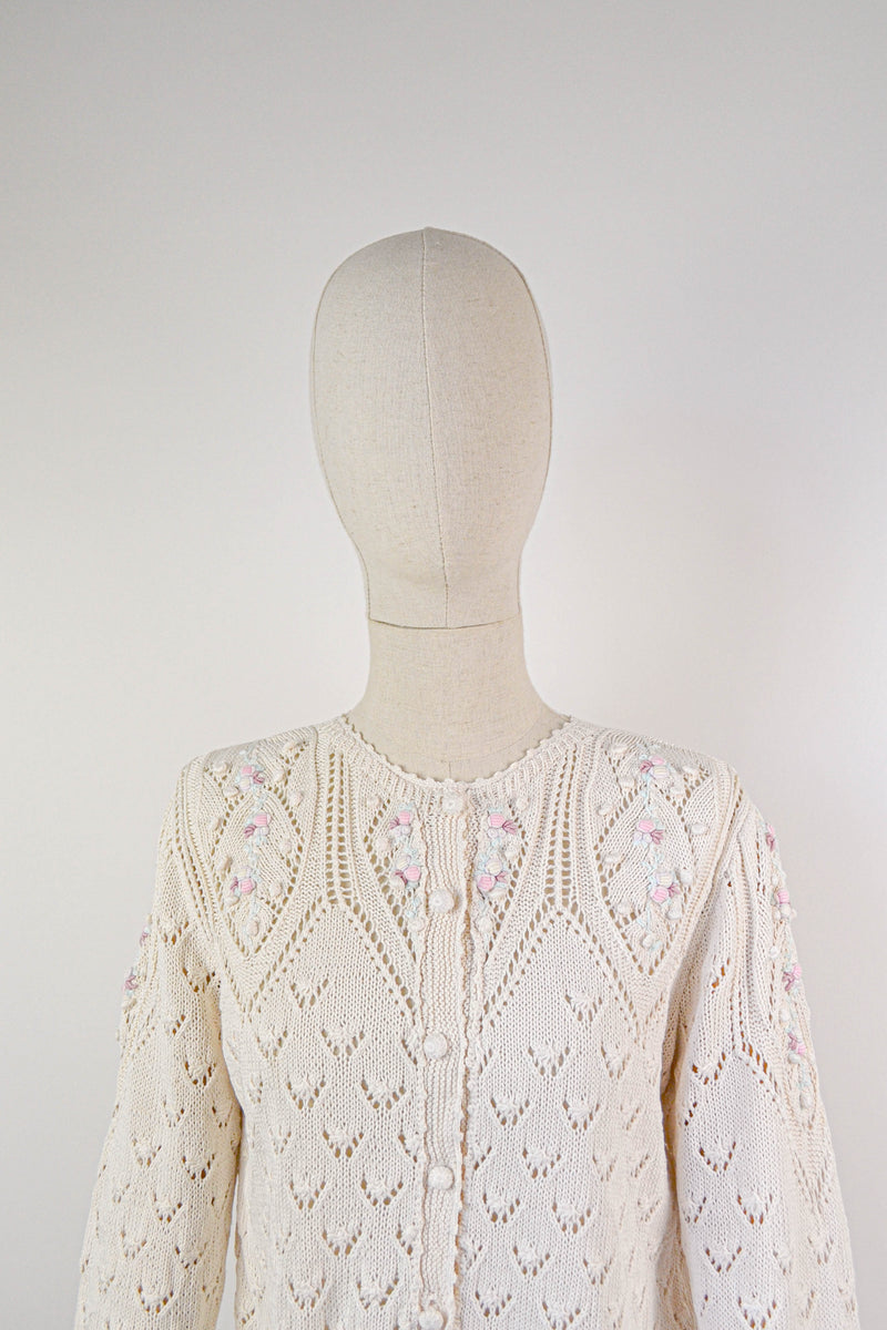 CHEERFUL - 1980s Vintage Ivory Embroidered Cotton Cardigan- Size S