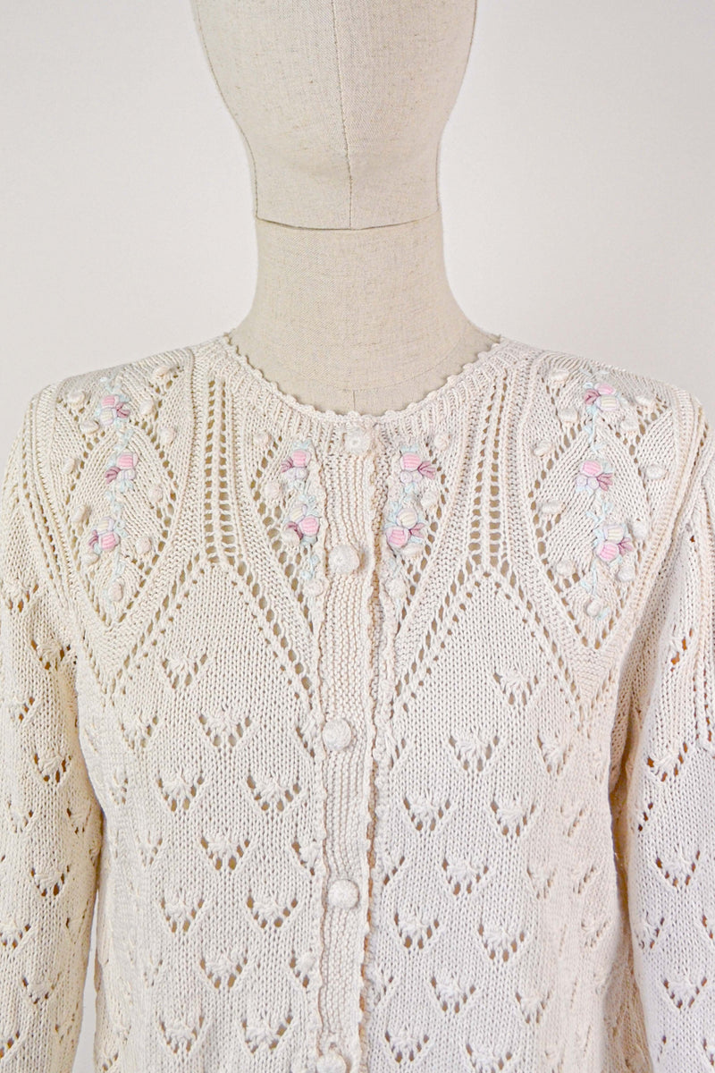 CHEERFUL - 1980s Vintage Ivory Embroidered Cotton Cardigan- Size S
