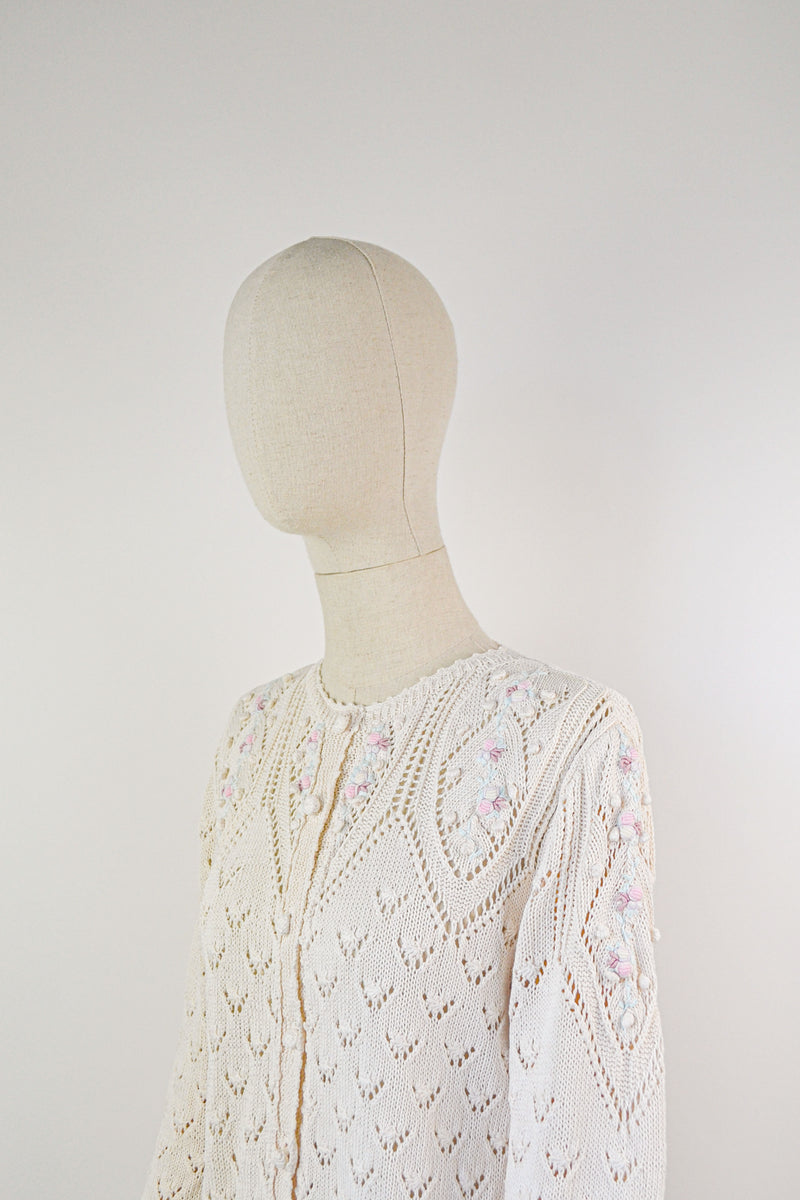 CHEERFUL - 1980s Vintage Ivory Embroidered Cotton Cardigan- Size S