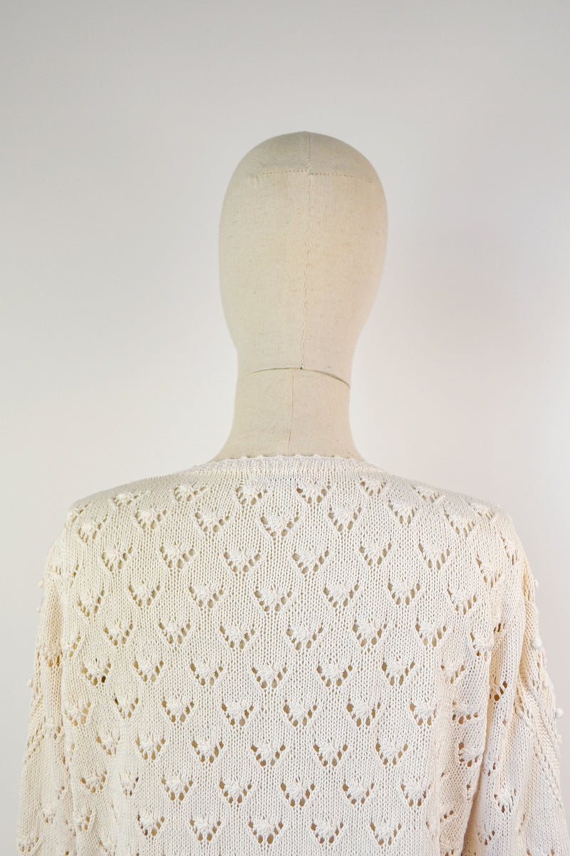 CHEERFUL - 1980s Vintage Ivory Embroidered Cotton Cardigan- Size S