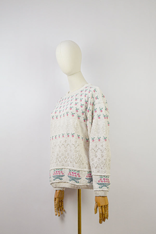 CHERRIES - 1970s Vintage Acorn Cotton Jumper - Size  S/M